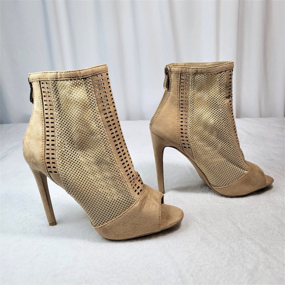 * Cape Robbin Nude Ankle Boots 5" Heel Weave Fabric Peep Toe
